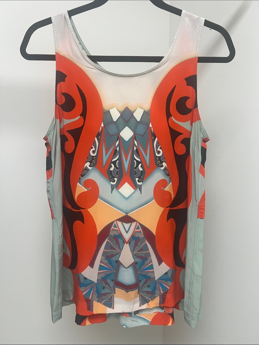 Etro Geometric & Swirl Print Silk Tank in Orange, Aqua & Black